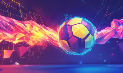Fototapeta premium Dynamic Volleyball Action with Neon Lights and Abstract Geometric Patterns for Futuristic Sports Branding