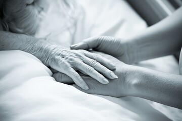 Care for the elderly concept, nurse sits on a hospital bed next to an older woman helping her