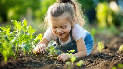 A cheerful child planting seeds in an organic garden, promoting sustainable gardening practices and education