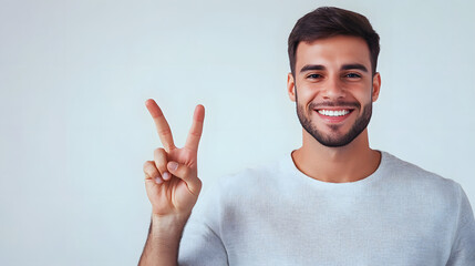 Fototapeta premium Confident Man Holding Peace Sign on White Background
