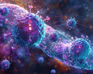 Abstract 3D illustration of a virus with vibrant colors.  The image is ideal for medical, science, or technology concepts.