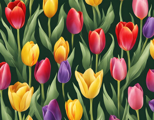 Obraz premium Seamless floral pattern red, yellow, purple, pink tulips background