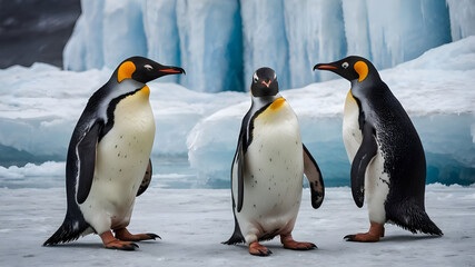 Fototapeta premium Three European Penguins stand close together