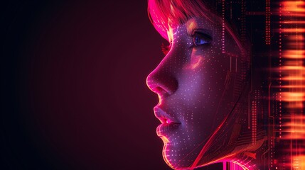 A Futuristic Digital Portrait Showcasing a Woman With Vibrant Hair Against a Neon Backdrop