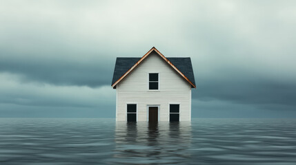 Isolated house surrounded by rising floodwaters