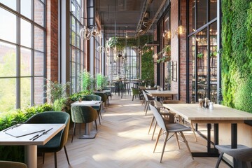 This image represents an interior of a modern retirement or nursing home in a green environment created with stock