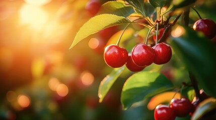 Obraz premium A close-up of bright red cherries on a tree branch, symbolizing the freshness of summer harvest