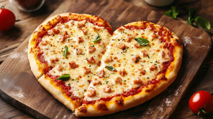 Delicious Heart-Shaped Cheese Pizza Served on a Rustic Wooden Tray, Perfectly Baked with Golden Crust and Melted Cheese for a Romantic Meal