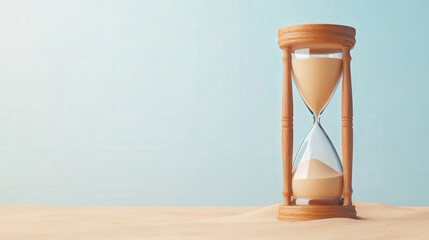 Antique wooden hourglass, sand trickling slowly, measuring time's passing