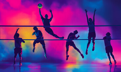 Dynamic Volleyball Action with Neon Lights and Abstract Geometric Patterns for Futuristic Sports Branding