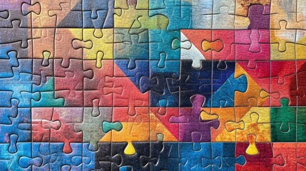 A colorful geometric jigsaw puzzle partially completed, showcasing the fun and challenge of puzzle-solving.