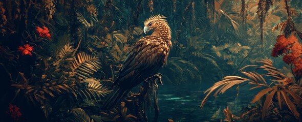 Tropical nature wallpaper jungle flower leaf exotic bird palm. Stock image.