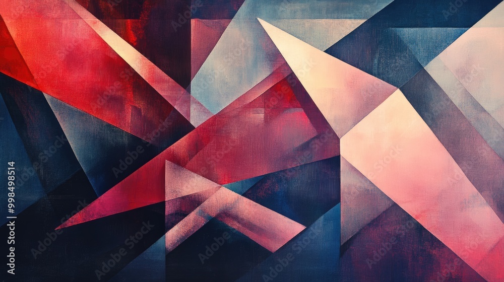 Poster a dynamic geometric composition featuring overlapping shapes and colors, creating a sense of depth.