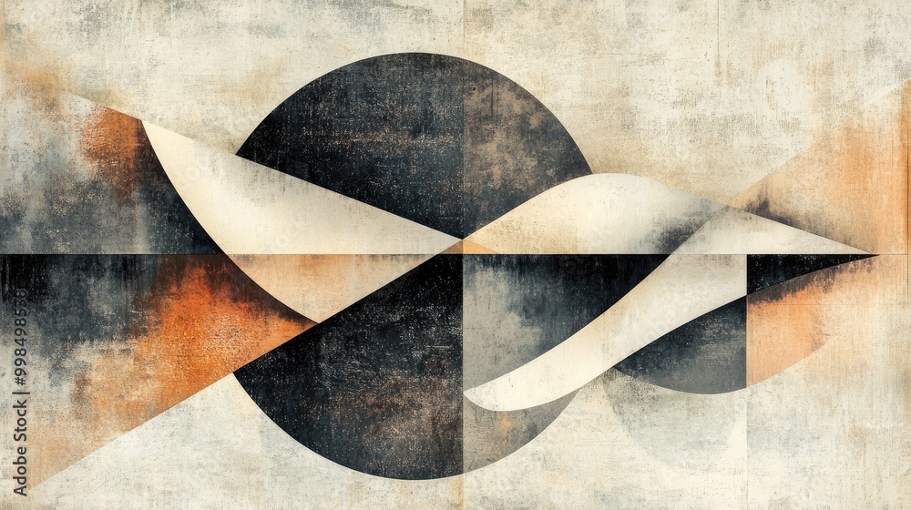 Poster a dynamic geometric composition featuring overlapping shapes and colors, creating a sense of depth.
