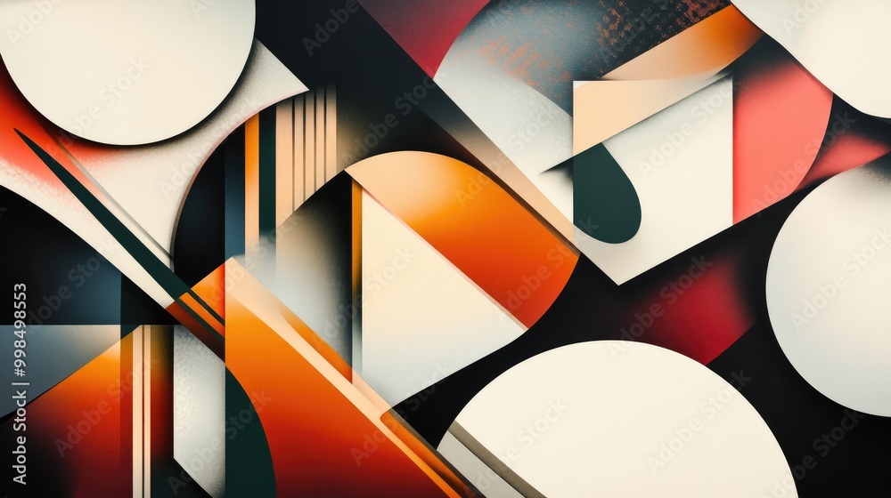 Poster a dynamic geometric composition featuring overlapping shapes and colors, creating a sense of depth.