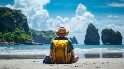Fototapeta premium Traveler enjoys a serene beach view with a yellow backpack, facing the sea, under a blue sky with distant rocks and lush hills.