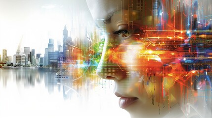 A City Skyline Merges With a Woman's Profile Showcasing Vibrant Digital Art and Technological Themes