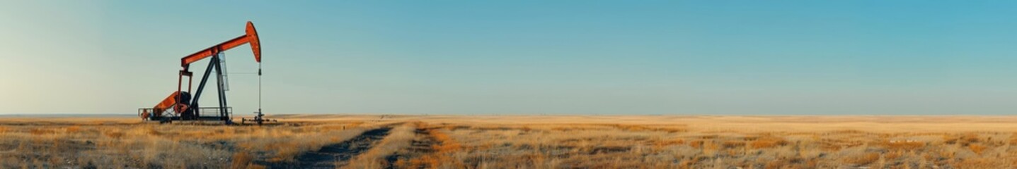 Oil pumpjack operating in a vast Texas plain during a beautiful golden sunset. Free copy space for banner.