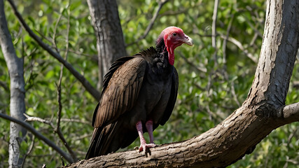  A turkey vulture standing near the base of a tree, with only the lower portion of the trunk visible