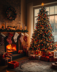 A cozy living room with a fireplace and a Christmas tree