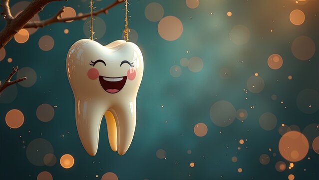 White smiling tooth hanging on Christmas tree on a festive background. dental new year concept. Free space for text. Christmas medical background, card, banner