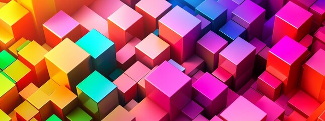 Obraz premium Abstract geometric bold rainbow colors 3D gloss textured wall with squares and rectangles background illustration panorama long, textured wallpaper (Stock)