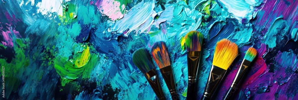 Aufkleber brightly colored paint splashes cover the artist's palette while brushes rest against an abstract ca