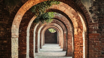 A series of brick arches in an old building, showcasing architectural elegance and historical significance.