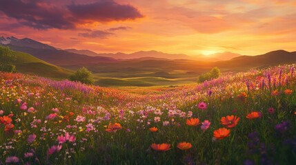 Fototapeta premium A stunning organic landscape with rolling hills, fields of wildflowers, and a vibrant sunset sky.