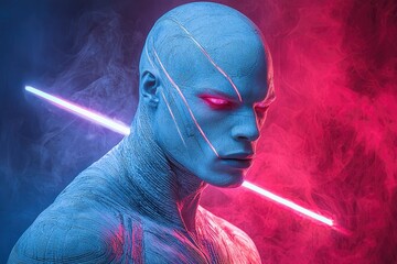 Blue-skinned humanoid with neon lights and smoke - Powered by Adobe