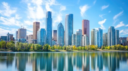 Obraz premium A vibrant city skyline during the day, with bright reflections on glass buildings and a clear blue sky.
