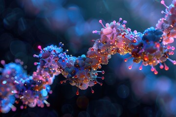 Naklejka premium Abstract 3D rendering of a colorful DNA strand with glowing particles. Perfect for science, biology, or genetics concepts.