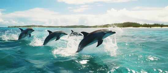 Naklejka premium Dolphins Leaping Through Turquoise Waters
