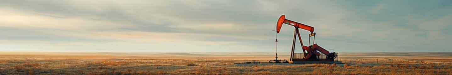 Oil pumpjack operating in a vast Texas plain during a beautiful golden sunset. Free copy space for banner.