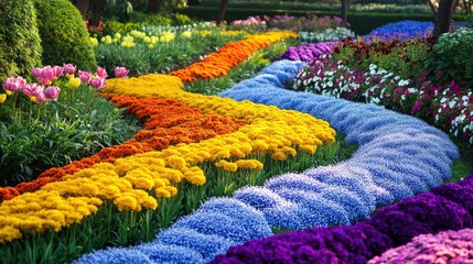 A vibrant geometric garden design featuring patterned flower beds and unique plant arrangements.