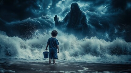 Obraz premium A young boy holding a bucket stands on a beach, looking at a looming, mystical figure arising from stormy waves at night.
