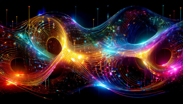 Visualistion concept of quantum entanglement with bright multicoloured signals on a dark black background, quantum processor