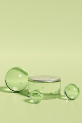 Transparent round cosmetic podium on green background with gel green spheres. Natural beauty product 3d rendering mockup.