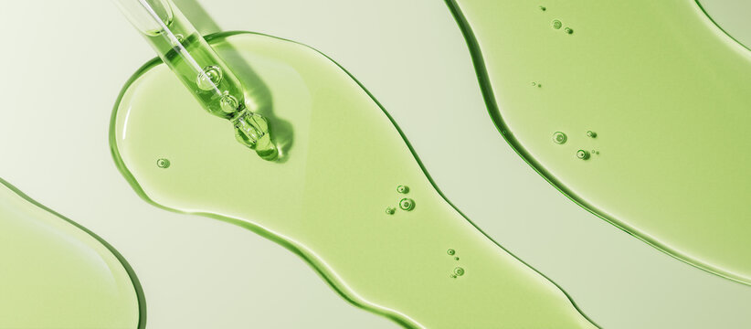 Close-up of a green liquid serum or oil dispensed from a dropper.  Skincare or wellness organic product showcase. 3d rendering.