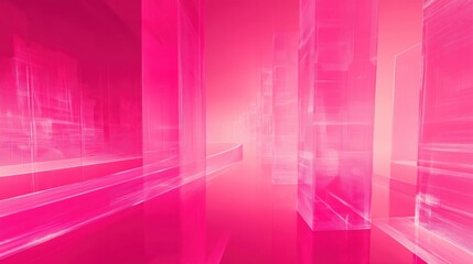 A vivid futuristic cityscape rendered in pink glass with striking neon lighting and reflections.