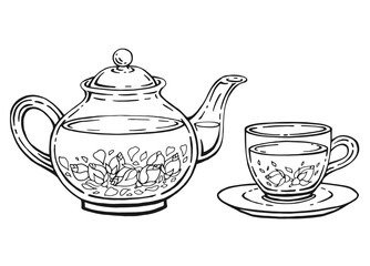 Hand drawn teapot, cup, rose. Vector illustration in outline style.