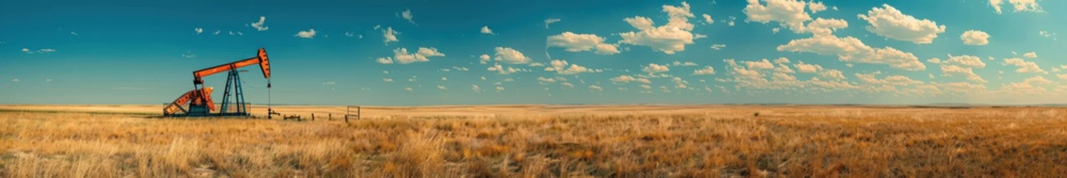 Oil pumpjack operating in a vast Texas plain during a beautiful golden sunset. Free copy space for banner.