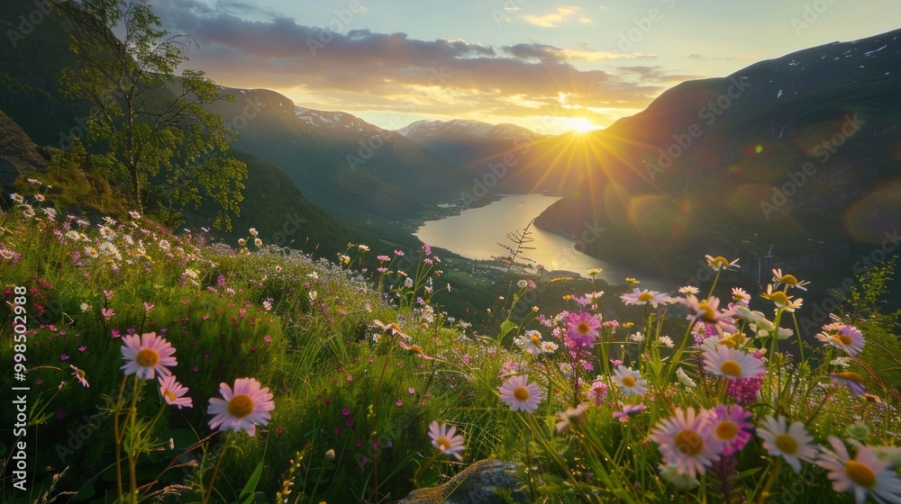 Poster a beautiful field of flowers with a lake in the background
