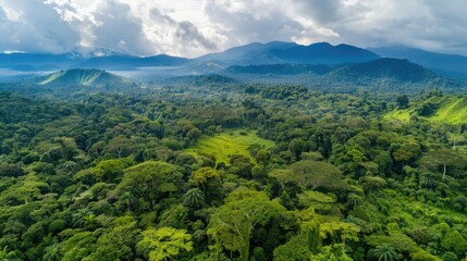 Fototapeta premium Drone Aerial view of a lush tropical rainforest, with dense canopy covering the landscape
