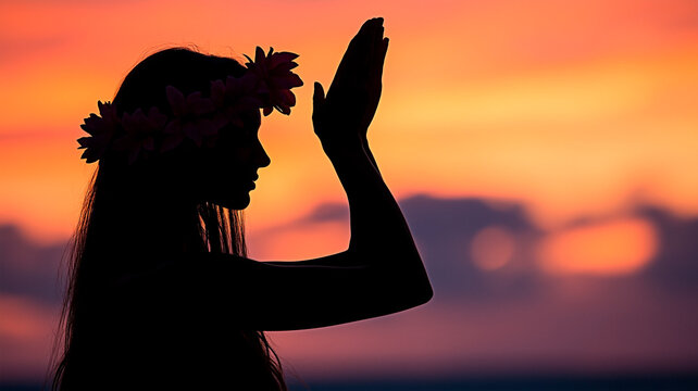Silhouette of Hawaiian woman dancing at sunset with floral crown. Hawaiian woman in traditional dance pose during sunset. - Powered by Adobe