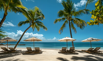 Obraz premium Tropical Beach Paradise with Sun Loungers and Palm Trees