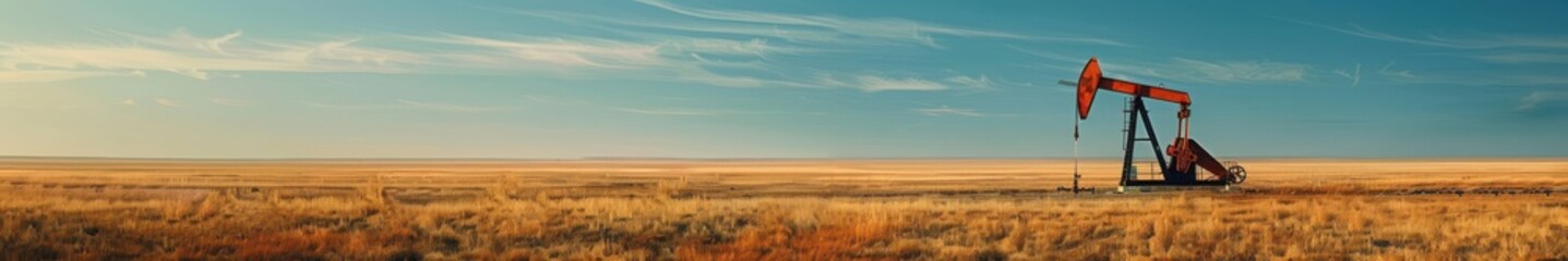 Fototapeta premium Oil pumpjack operating in a vast Texas plain during a beautiful golden sunset. Free copy space for banner.