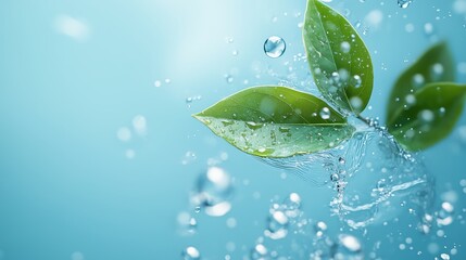 A water drop with bubbles and green leaf on blue background vector presentation design