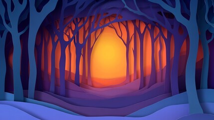 Illustrative forest with vibrant sunset colors