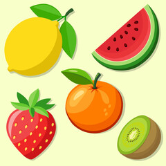 Flat Vector Fruit Set Featuring Strawberry Kiwi Mandarin Watermelon and Lemon